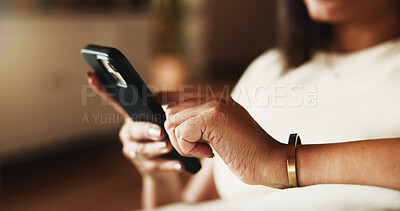 Buy stock photo Hands, typing and phone with woman on sofa in home for communication, social media and relax. Contact, online chat and connection with person and mobile in living room of apartment for app and post