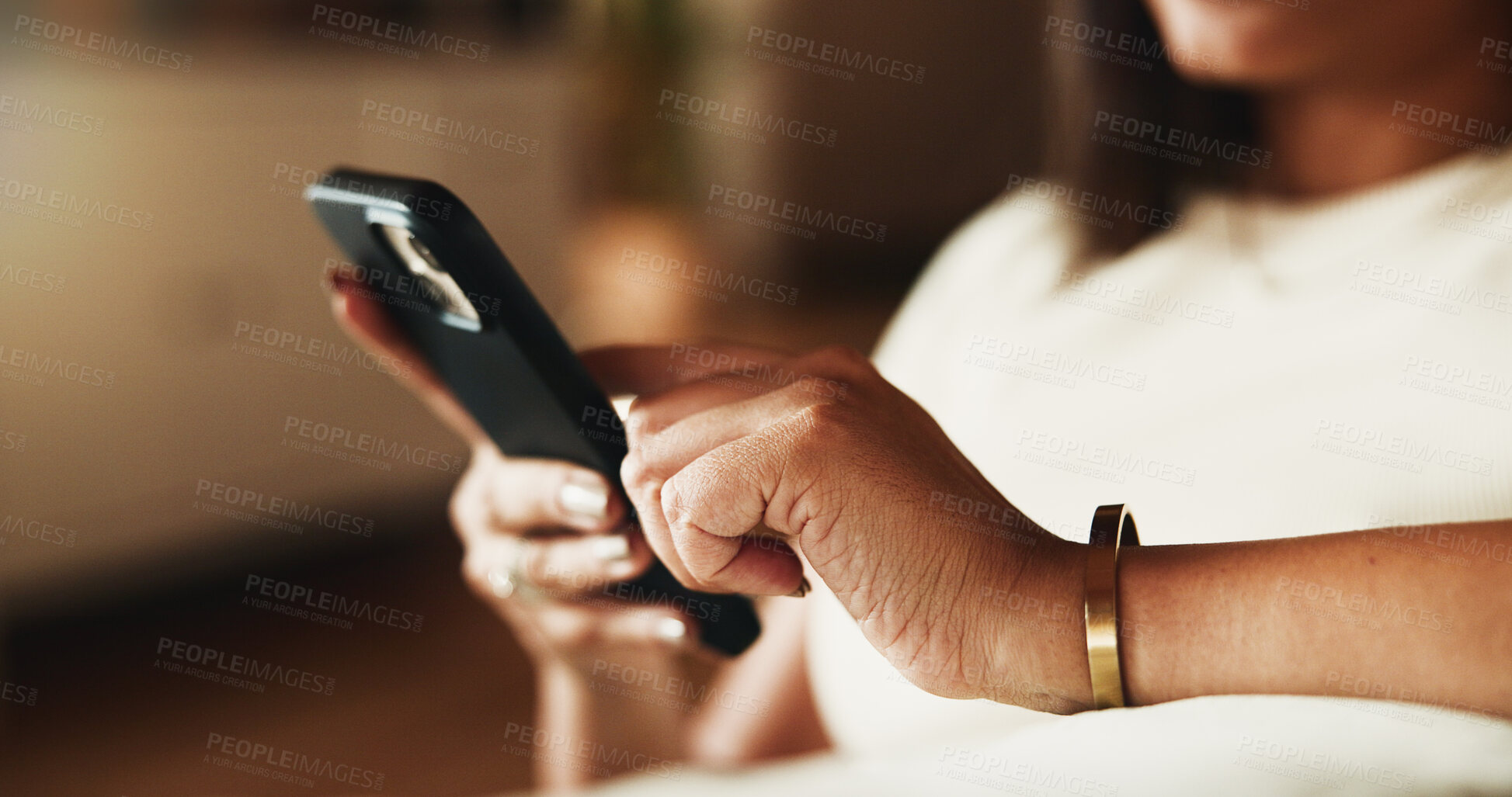 Buy stock photo Hands, typing and phone with woman on sofa in home for communication, social media and relax. Contact, online chat and connection with person and mobile in living room of apartment for app and post