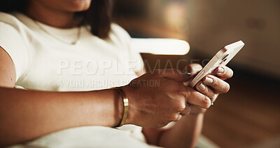 Buy stock photo Hands, texting and phone with woman on sofa in home for communication, social media and relax. Contact, online chat and connection with person and mobile in living room of apartment for app and post