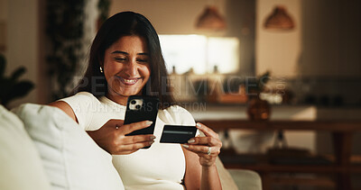 Buy stock photo Credit card, phone and smile with woman on sofa for online shopping, digital payment or fintech. Internet banking, account password and customer purchase with person in living room of home for order