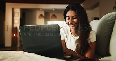 Buy stock photo Laptop, streaming and smile with woman on sofa in home for movie subscription, entertainment and calm. Film platform, weekend break and online show with female person in living room in apartment