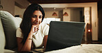 Laptop, streaming and relax with woman on sofa in home for movie subscription, entertainment and calm. Film platform, weekend break and online show with female person in living room in apartment