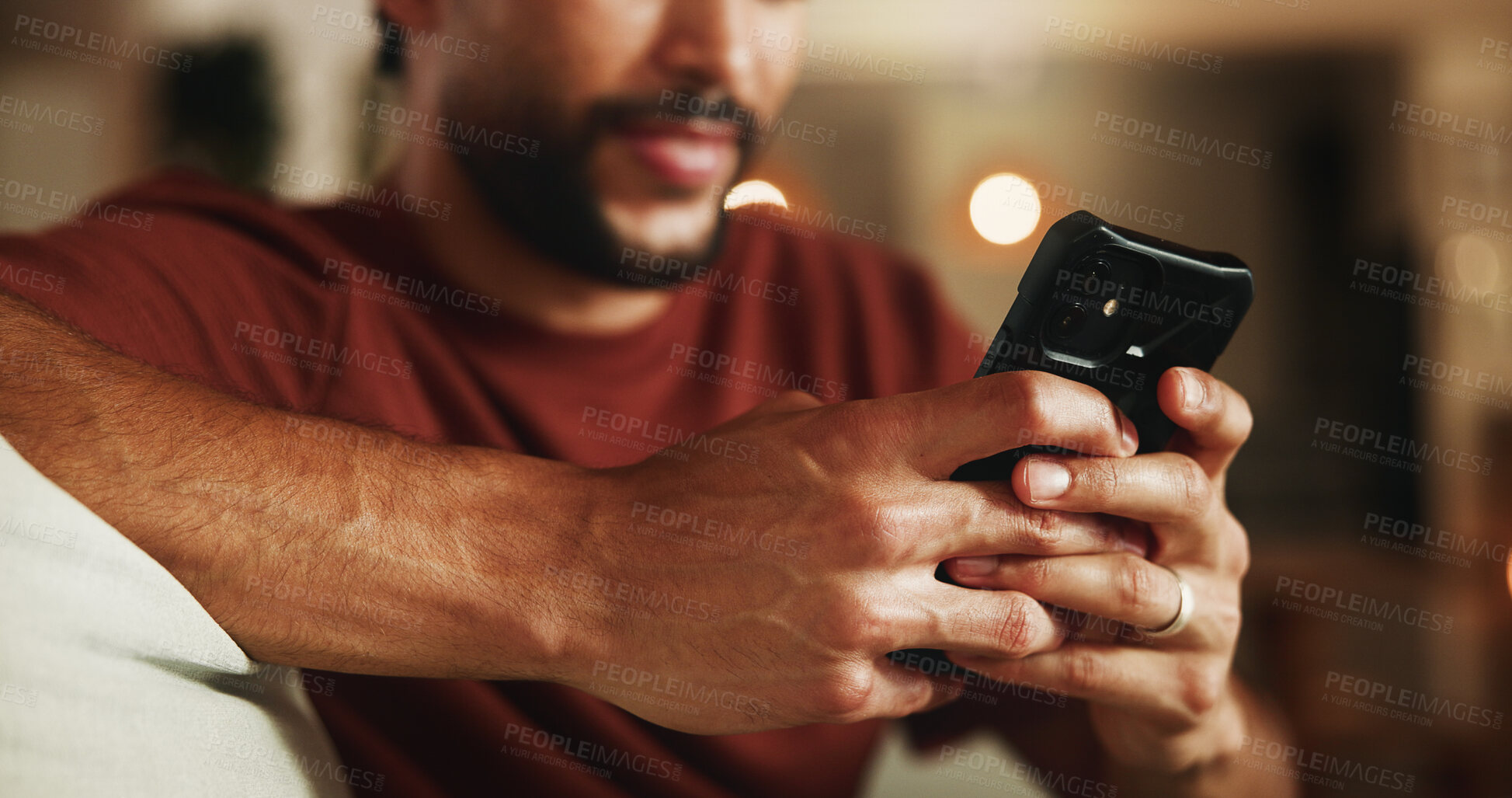 Buy stock photo Hands, typing and phone with man on sofa in home for communication, social media and relax. Contact, online chat and connection with person and mobile in living room of apartment for app and post