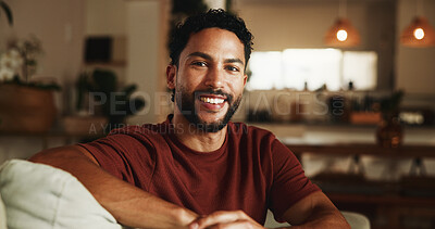 Buy stock photo Portrait, man and relax with smile at house for peace, calm morning and comfortable on sofa. Happy, male person and unwind in lounge with positive attitude, weekend break and cozy for day off in home
