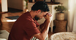 Man, stress and thinking in house with mistake, regret and frustrated with brain fog in living room. Person, perspective and reflection with worry, disaster or tired with crisis in lounge at home