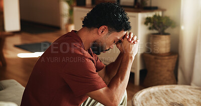 Buy stock photo Man, stress and thinking in house with mistake, regret and frustrated with brain fog in living room. Person, perspective and reflection with worry, disaster or tired with crisis in lounge at home