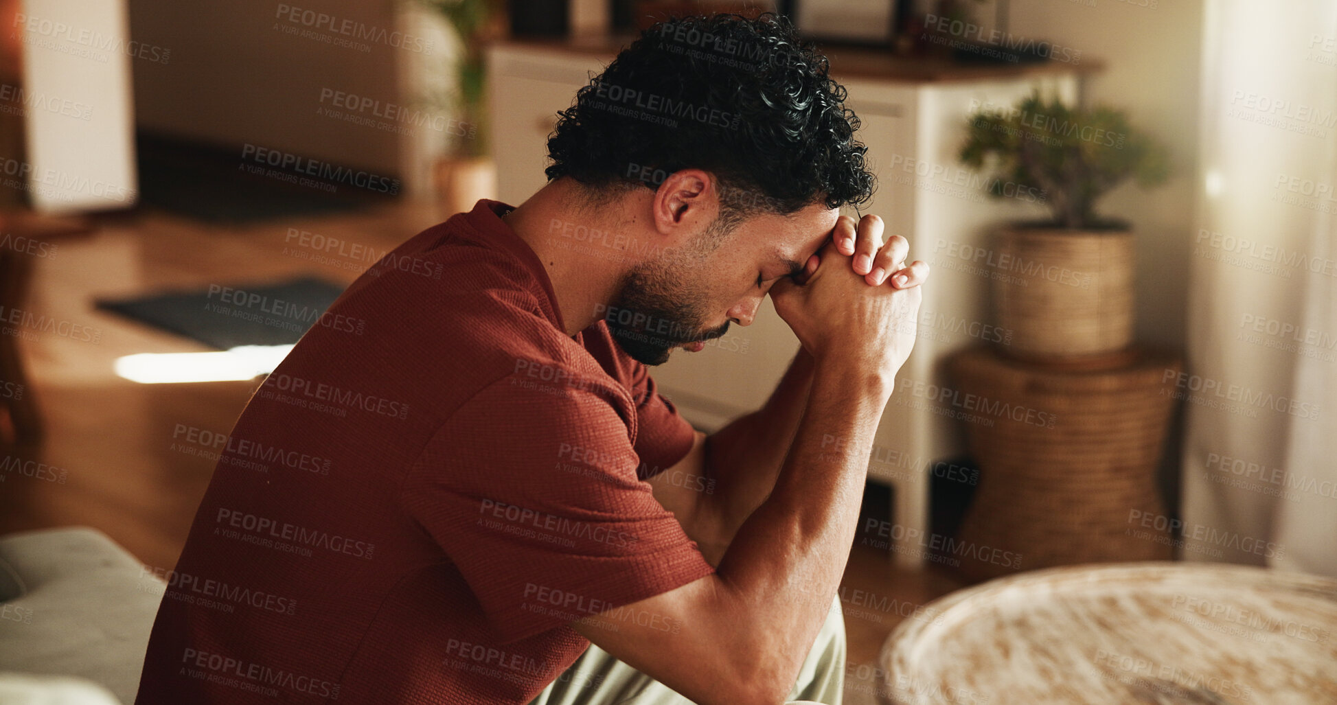Buy stock photo Man, stress and thinking in house with mistake, regret and frustrated with brain fog in living room. Person, perspective and reflection with worry, disaster or tired with crisis in lounge at home