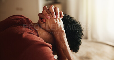 Buy stock photo Frustrated, thinking and man with depression, stress and remember memories of sorrow in living room. Lonely, reflection and person with anxiety, mental health and contemplation for regret in house.