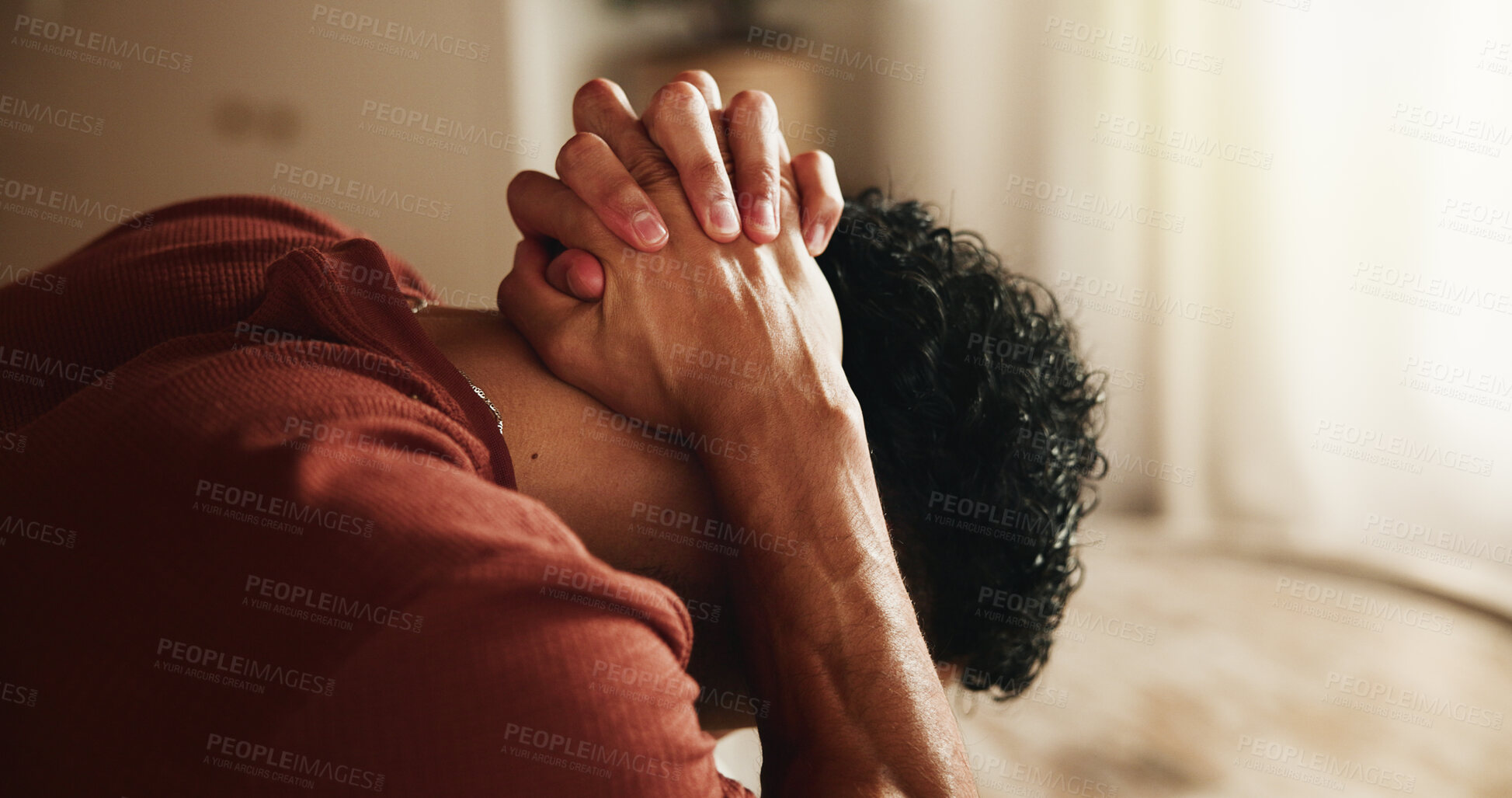 Buy stock photo Frustrated, thinking and man with depression, stress and remember memories of sorrow in living room. Lonely, reflection and person with anxiety, mental health and contemplation for regret in house.
