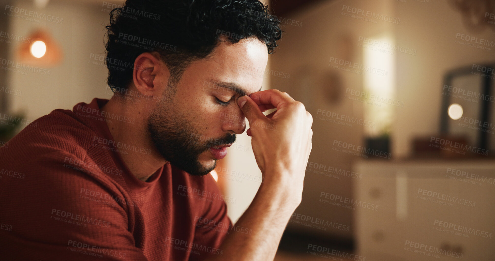 Buy stock photo Frustrated, reflection and man with depression, stress and remember memories of sorrow in living room. Lonely, thinking and person with anxiety, mental health and contemplation for regret in house.