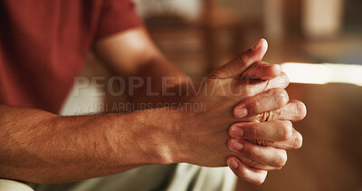 Buy stock photo Nervous, hands and man with depression, stress and mental health and overthinking with doubt in home. Worry, regret and lonely person with anxiety, trauma and contemplation for sorrow in living room.