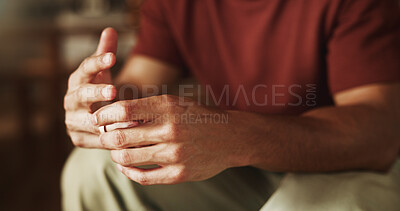 Buy stock photo Man, hands or wedding ring for divorce in home, trust issues or infidelity suspicious for uncertainty. Relationship crisis, cheating fear or person with marriage problem, worry or separation choice