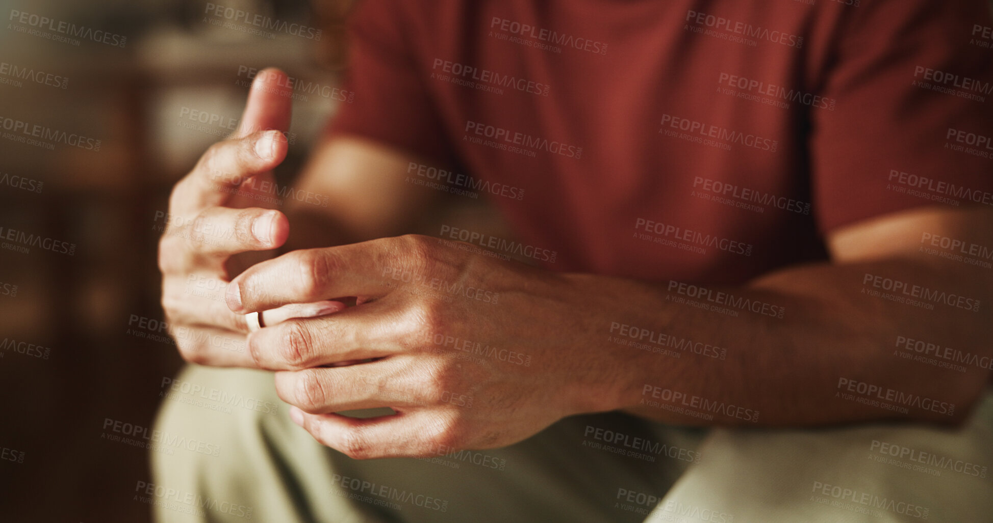Buy stock photo Man, hands or wedding ring for divorce in home, trust issues or infidelity suspicious for uncertainty. Relationship crisis, cheating fear or person with marriage problem, worry or separation choice
