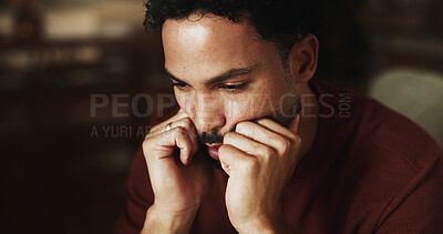 Buy stock photo Thinking, relax and sad with man on sofa in home for reflection, planning and fear. Anxiety, mindfulness and worry with male person with depression in living room of house for grief memory and idea