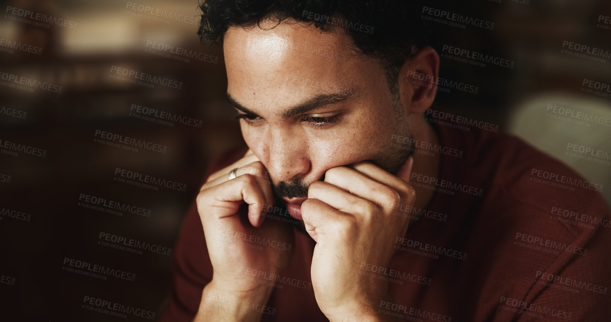 Buy stock photo Thinking, relax and sad with man on sofa in home for reflection, planning and fear. Anxiety, mindfulness and worry with male person with depression in living room of house for grief memory and idea