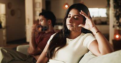 Buy stock photo Couple, woman or thinking of conflict in home, emotional distance or marriage problem for upset partner. Ignore, frustrated or person with reflection for argument, unhappy or relationship tension