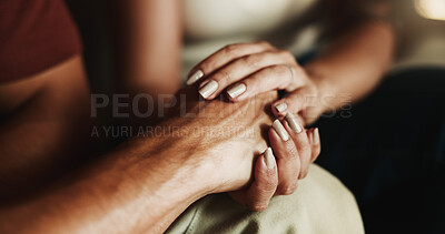 Buy stock photo Love, couple and holding hands for trust, support and connection with partner in home together. Care, man and comfort woman with empathy, compassion and kindness for healthy relationship in marriage