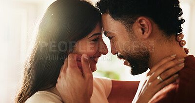 Buy stock photo Love, support and couple with smile in home for bonding, admiration and trust for healthy relationship. Partner appreciation, affection and people with romantic moment for connection, care and flare