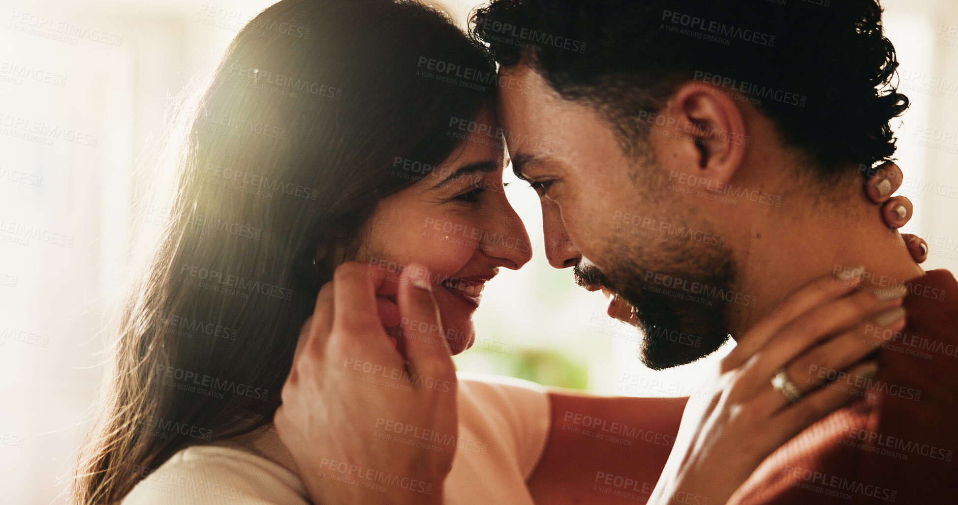 Buy stock photo Love, support and couple with smile in home for bonding, admiration and trust for healthy relationship. Partner appreciation, affection and people with romantic moment for connection, care and flare