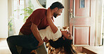 Happy, couple and dip in home with dance, support partner or love bonding together on weekend break. People, smile and rhythm in living room with music, loyalty or connection for marriage commitment.