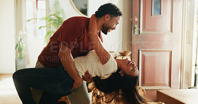 Buy stock photo Happy, couple and dip in home with dance, support partner or love bonding together on weekend break. People, smile and rhythm in living room with music, loyalty or connection for marriage commitment.