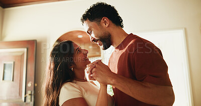 Buy stock photo Couple, smile and holding hands in home with dance, support partner and bonding together on weekend. Happy, people and rhythm in house with music, loyalty and love connection for marriage commitment.