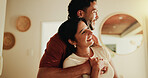 Love, hug and couple with smile in home for bonding, connection and affection for healthy relationship. Partner support, care and happy people with embrace for romance, trust and security on weekend