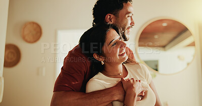 Buy stock photo Love, hug and couple with smile in home for bonding, connection and affection for healthy relationship. Partner support, care and happy people with embrace for romance, trust and security on weekend