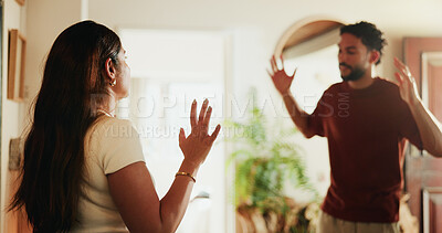 Buy stock photo Couple, drama and stress with fight in home for toxic marriage, domestic dispute and compromise. Conflict, man and woman with argument in house for relationship crisis, emotional tension and mistake