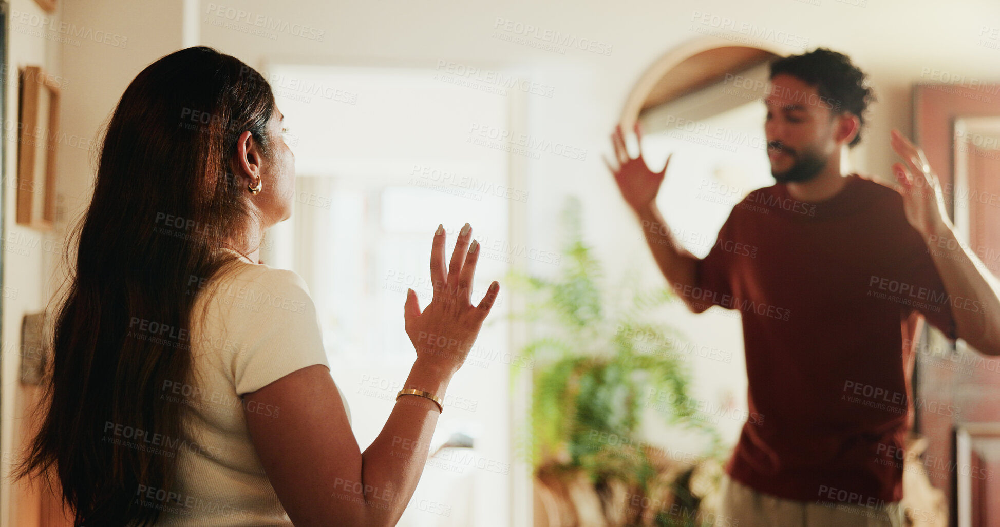 Buy stock photo Couple, drama and stress with fight in home for toxic marriage, domestic dispute and compromise. Conflict, man and woman with argument in house for relationship crisis, emotional tension and mistake