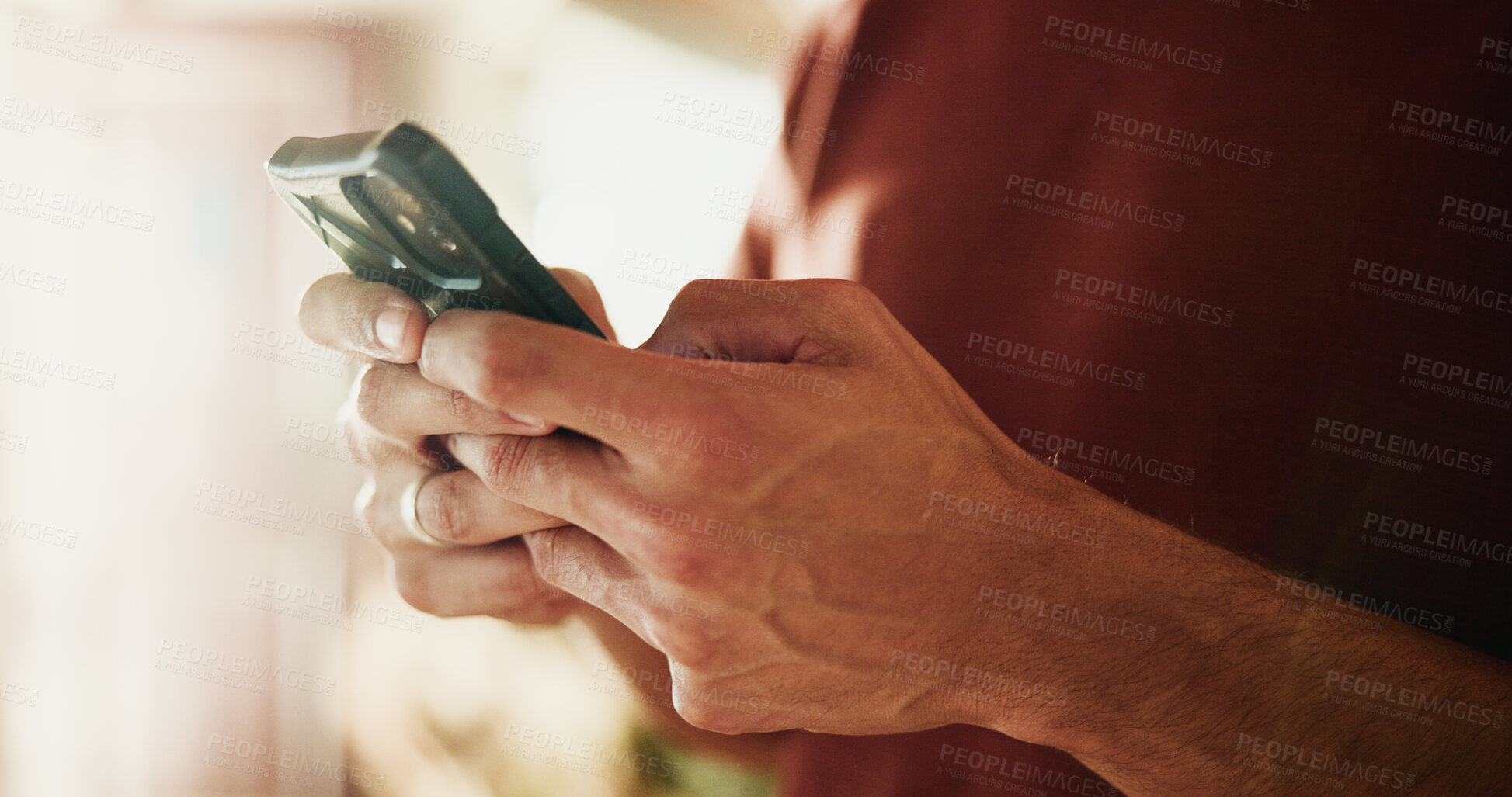 Buy stock photo Phone, typing and hands with man in home for communication, social media and contact. Virtual chat, connection and networking app with male person in apartment for news, update and online post