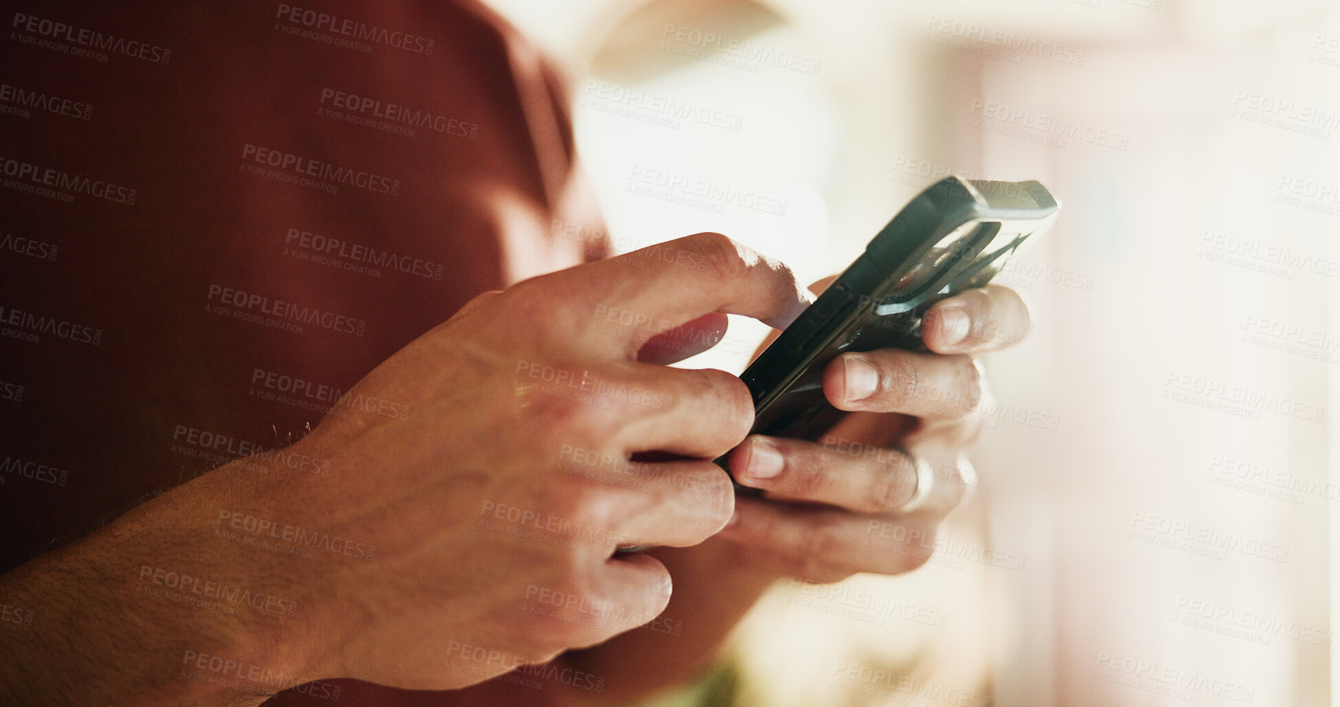 Buy stock photo Phone, texting and hands with man in home for communication, social media and contact. Virtual chat, connection and networking app with male person in apartment for news, update and online post