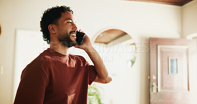 Buy stock photo Phone call, smile and talk with man in home for communication, social media and contact. Virtual chat, connection and networking app with male person in apartment for news, update and online post