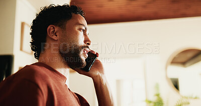 Buy stock photo Phone call, listen and talk with man in home for communication, social media and contact. Virtual chat, connection and networking app with male person in apartment for news, update and discussion