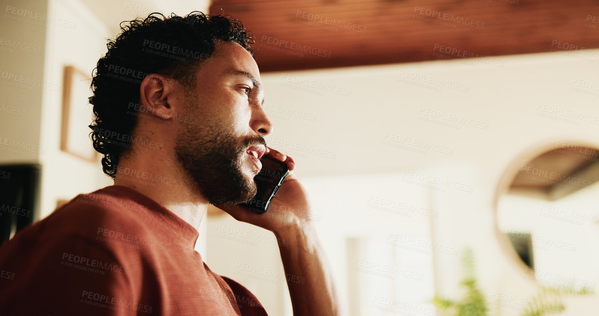 Buy stock photo Phone call, listen and talk with man in home for communication, social media and contact. Virtual chat, connection and networking app with male person in apartment for news, update and discussion
