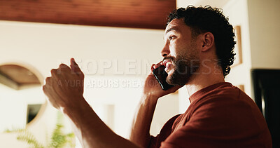 Buy stock photo Phone call, advice and talk with man in home for communication, social media and contact. Virtual chat, connection and networking app with male person in apartment for news, update and discussion