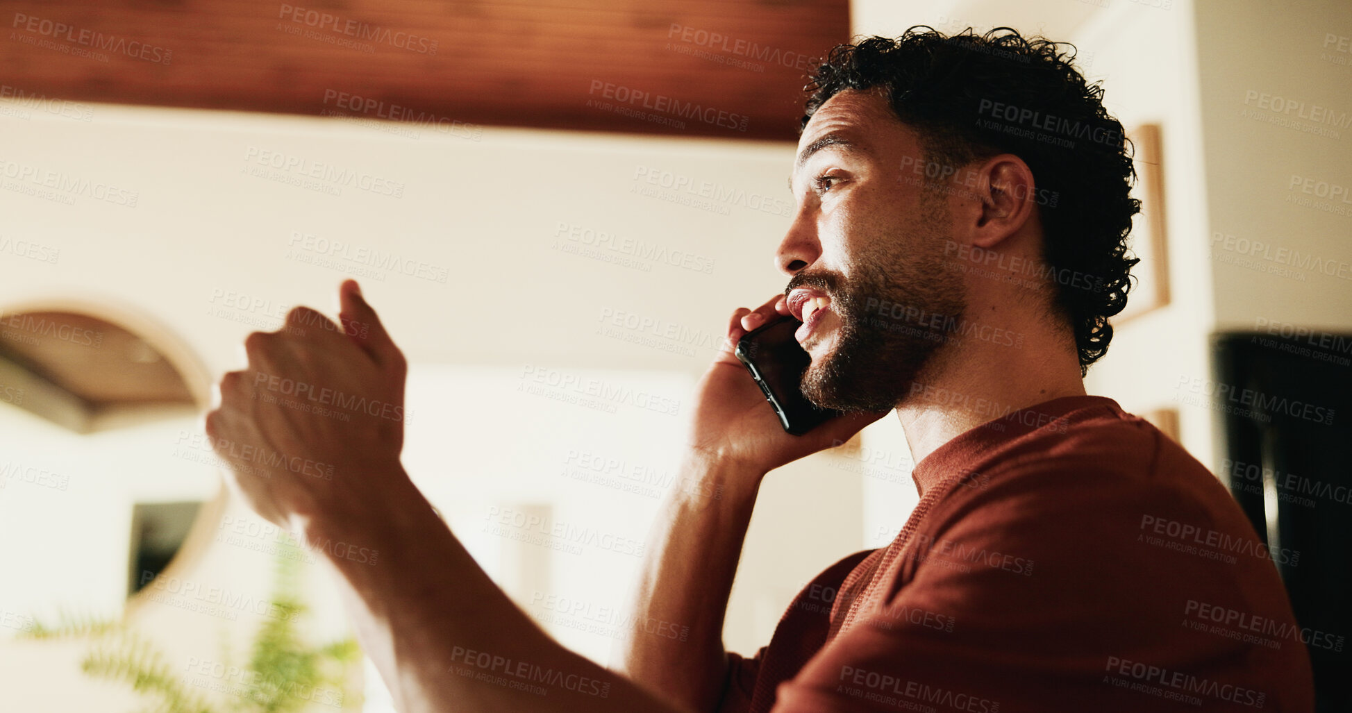 Buy stock photo Phone call, advice and talk with man in home for communication, social media and contact. Virtual chat, connection and networking app with male person in apartment for news, update and discussion