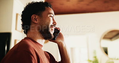 Buy stock photo Phone call, happy and talking with man in home for communication, conversation and contact. Listening, connection and feedback with male person and mobile in apartment for news, update and discussion