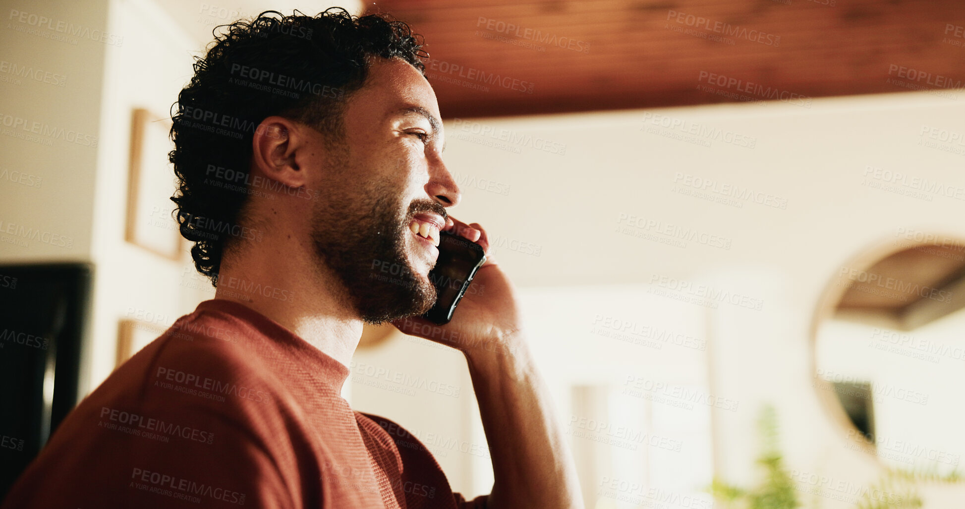 Buy stock photo Phone call, happy and talking with man in home for communication, conversation and contact. Listening, connection and feedback with male person and mobile in apartment for news, update and discussion