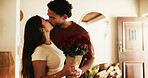 Love, roses or couple with kiss in home, anniversary present or valentines day gift for connection. Bouquet, relationship milestone celebration or people with affection for support, trust or romance