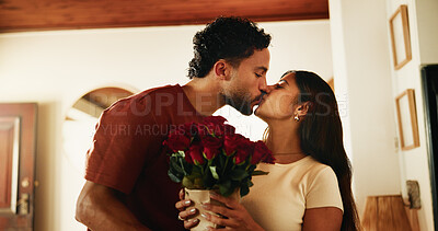 Buy stock photo Love, roses or couple with kiss in house, anniversary present or valentines day gift for connection. Bouquet, relationship milestone celebration or people with affection for support, trust or romance