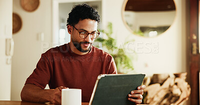 Buy stock photo Morning, coffee and man in home with tablet, online blog post and glasses for reading breaking news. Person, tea and digital tech in house with social media update, connection or website for article.