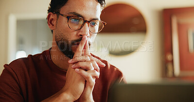 Buy stock photo Man, thinking and remote work in home with laptop, journalist vision and glasses for article review. Freelance, writer and person in house with computer, problem solving and proofreading news report.