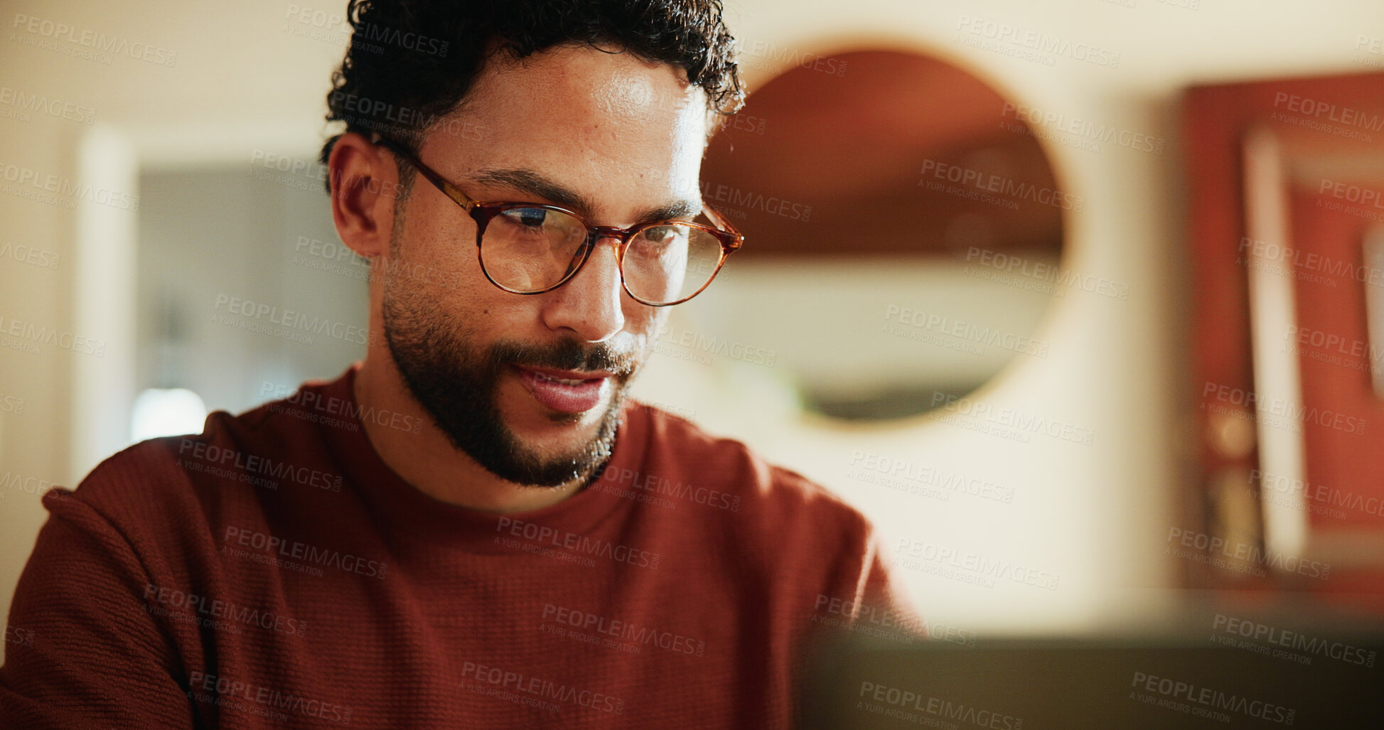 Buy stock photo Man, research and glasses with laptop in home for remote work, schedule planning or project. Male person, freelancer or journalist on computer app for online article, journalism or digital writing