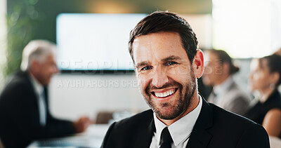 Buy stock photo Happy, corporate and man with portrait in meeting for career pride, about us and financial agent. Business, male person and ambition for company bookkeeping, risk assessment and investment consultant