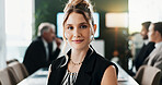Portrait, business and woman with smile in meeting for career pride, about us and financial agent. Happy, female person and ambition for company bookkeeping, risk assessment and investment consultant