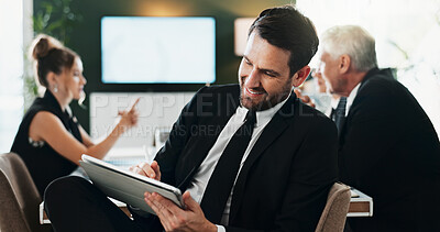 Buy stock photo Review, meeting or man in boardroom with tablet, forecast plan or budget checklist for funding pitch. Business, brief or financial advisor with tech, online report or proposal insight for investment.