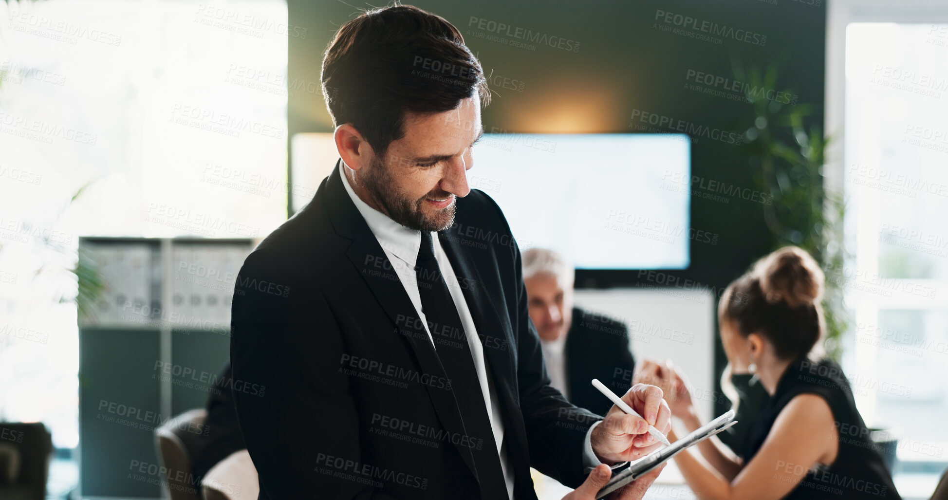 Buy stock photo Review, meeting or man in office with tablet, profit update or good news on investment return. Smile, stylus or finance consultant with tech, positive feedback or revenue growth on client account.