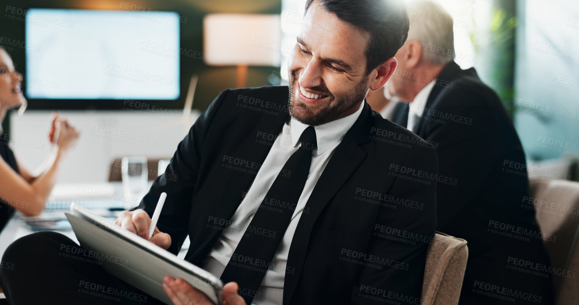 Buy stock photo Review, meeting or man in office with tablet, profit update or good news on investment return. Flare, stylus or finance consultant with tech, positive feedback or revenue growth on client account.