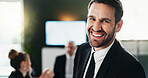 Business, man and laughing with portrait in office for career pride, about us and investment banker. Happy, mature person or job ambition for corporate finance, risk assessment and Financial advisory